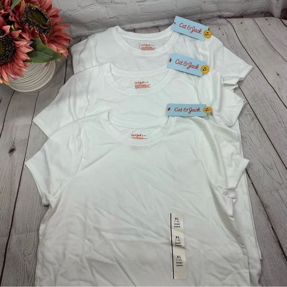NWT Cat & Jack Classic White Short Sleeve Tee girls sz XL (14) cotton blend 3pc